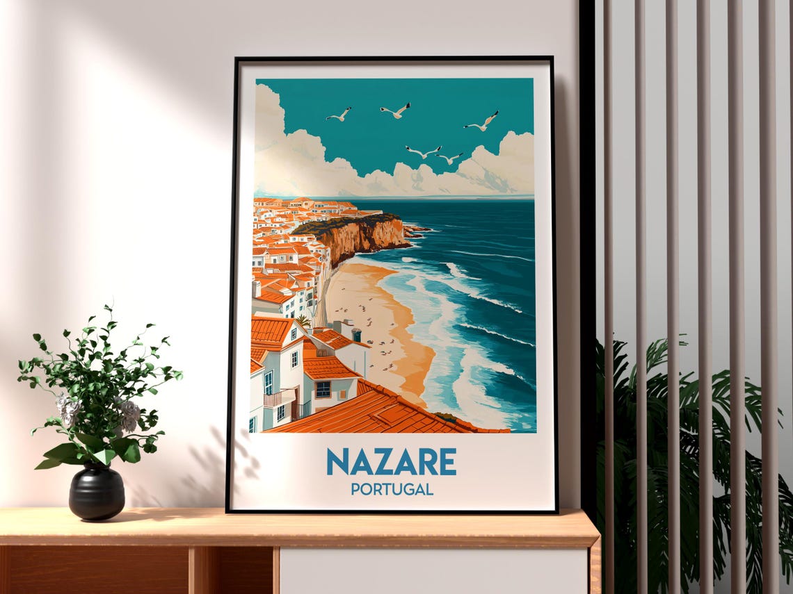 Nazare Portugal Cliff Town Red Roofs Beach Illustration Poster
