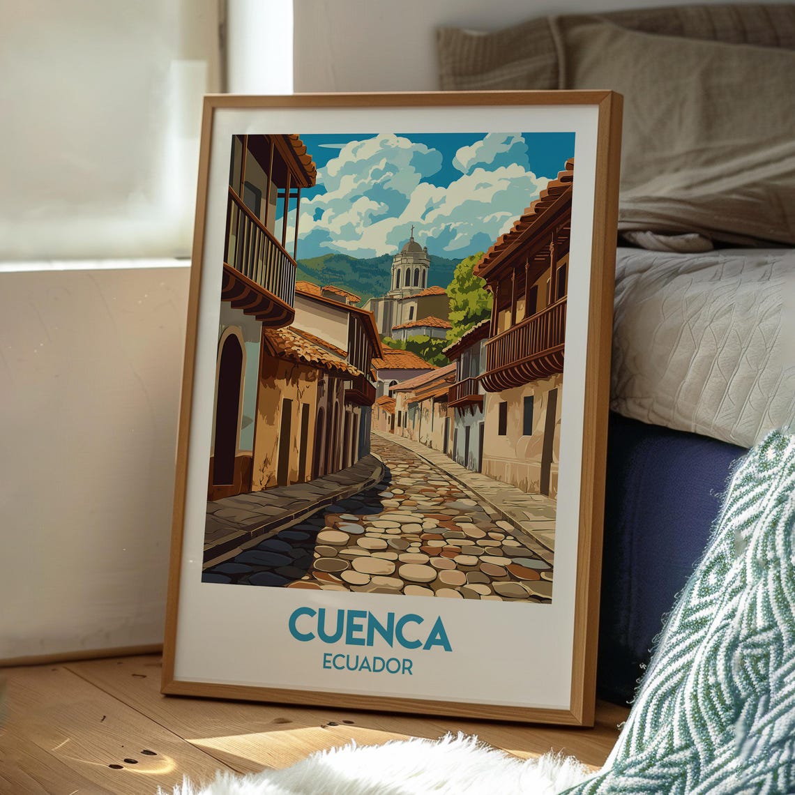 Cuenca Ecuador Colonial Cobblestone Street Illustration Art Poster - Image 3