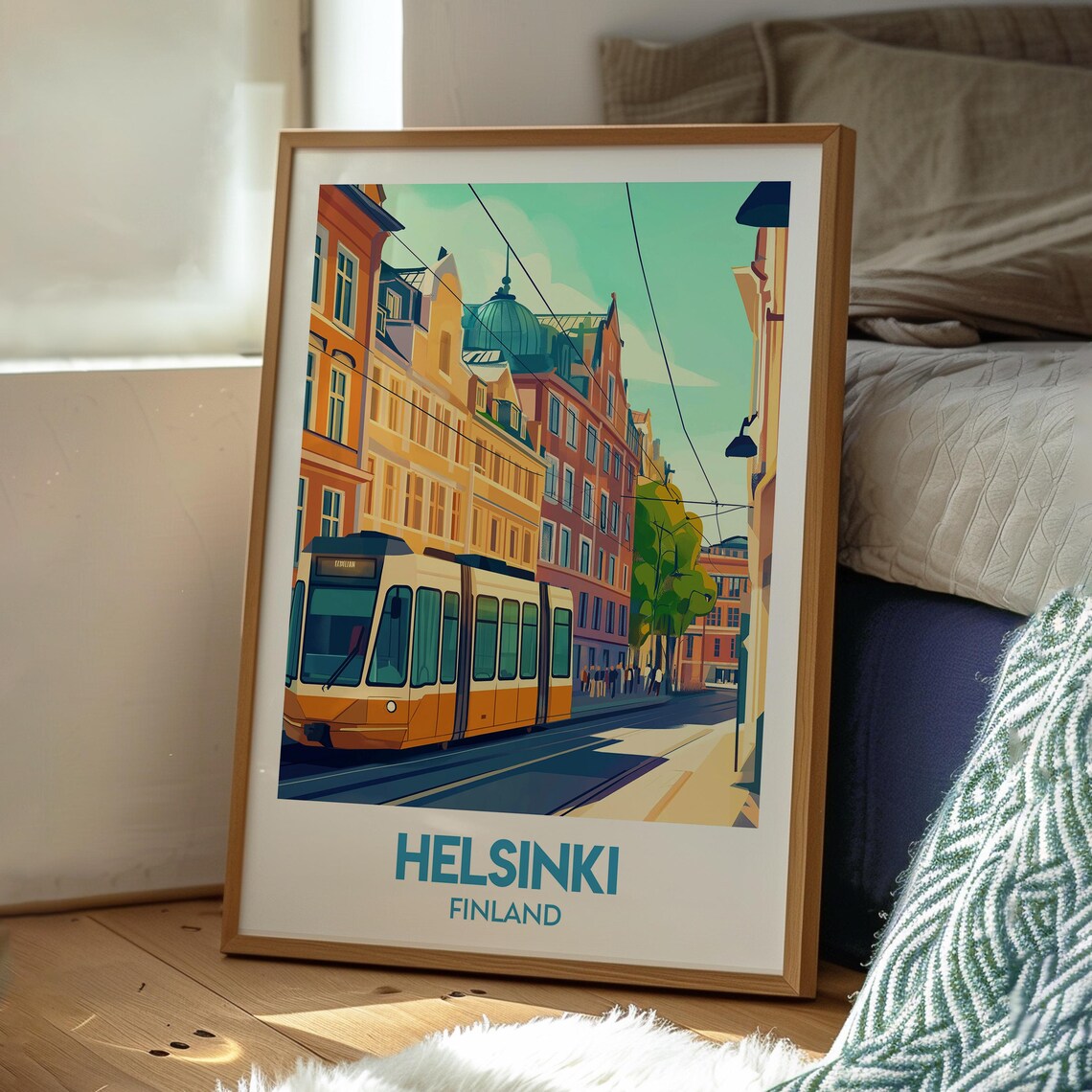 Helsinki Finland Yellow Tram City Street Retro Travel Poster - Image 3