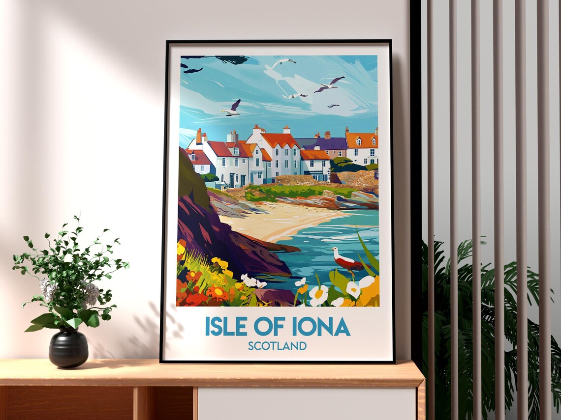 Isle of Iona Scotland Seaside Village Cove Wildflowers Travel Poster