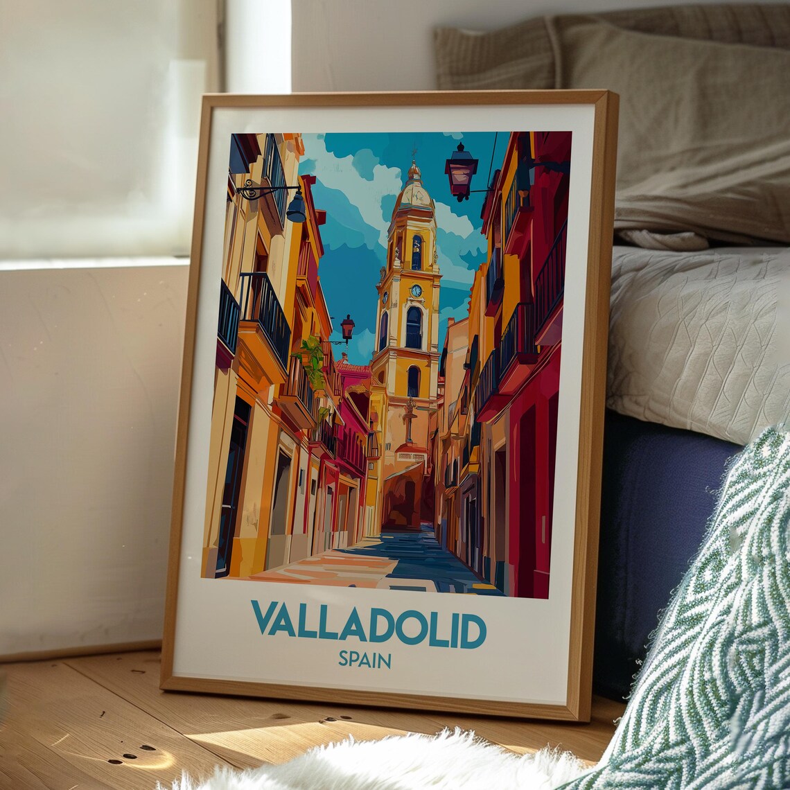 Valladolid Spain Historic Bell Tower Colorful Old Town Street Poster - Image 3
