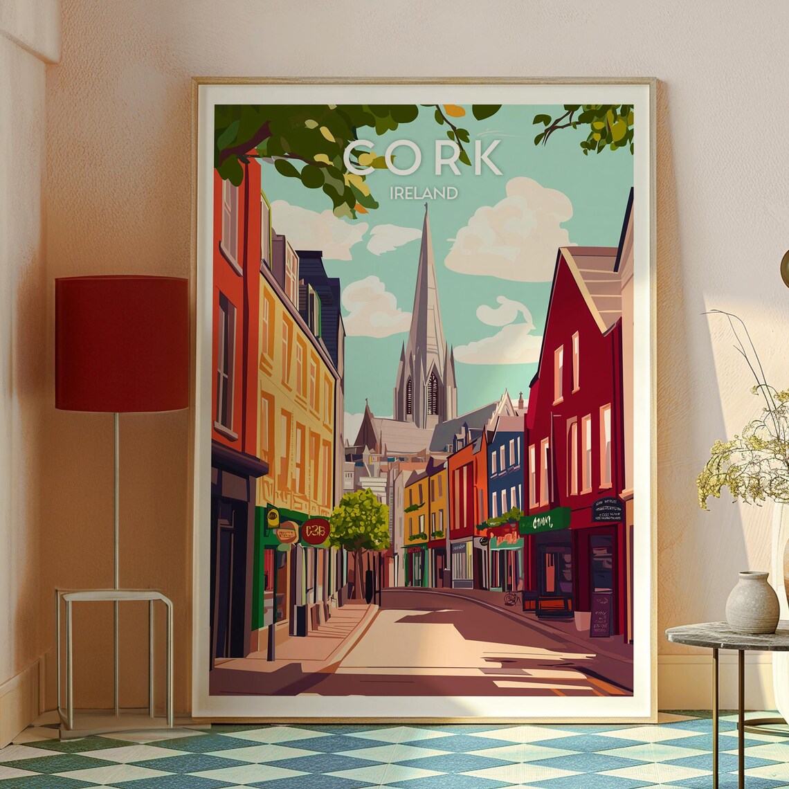 Cork Ireland Colorful Street Church Spire City Center Travel Poster - Image 2
