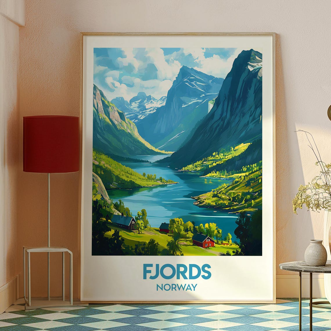 Fjords Norway Mountain Lake Valley Red Cabins Nature Travel Poster - Image 2