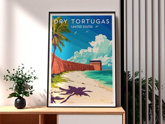 Dry Tortugas Florida Brick Fort Beach Palm Shadows Island Travel Poster