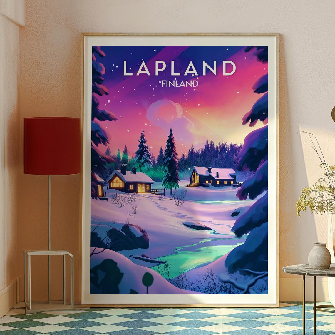 Lapland Finland Snowy Cabins Northern Lights Night Sky Travel Poster - Image 2