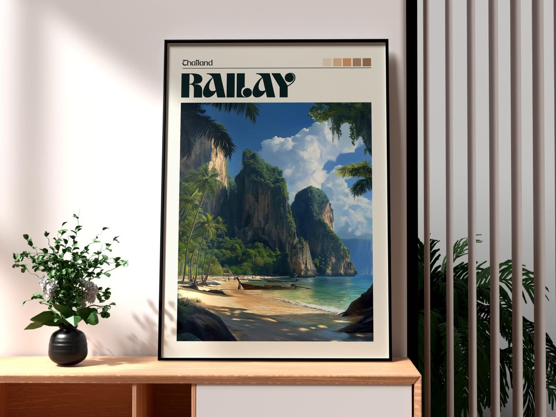 Railay Thailand Limestone Karsts Longtail Boats Travel Poster