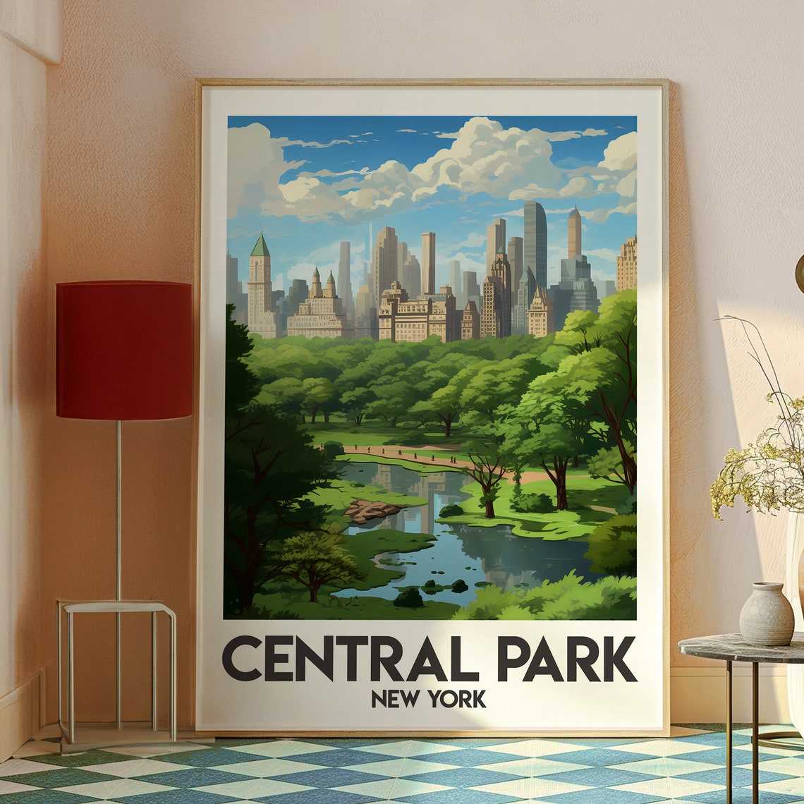 Central Park New York City Skyline Pond Trees Illustration Poster - Image 2