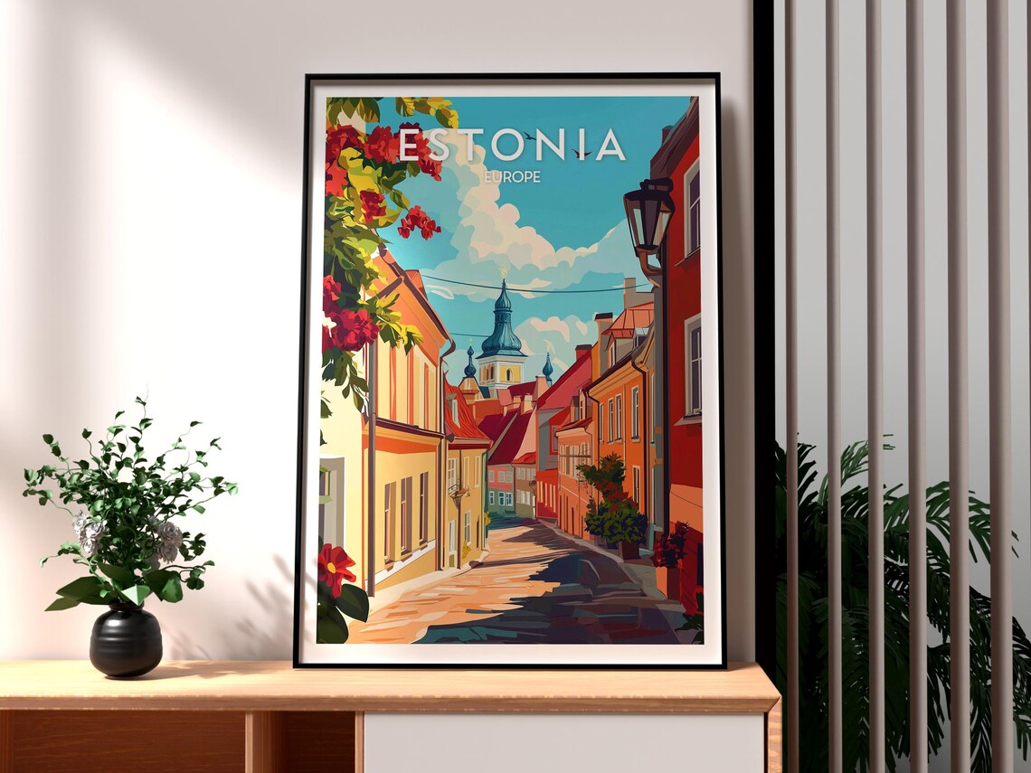 Estonia Europe Retro Travel Poster Old Town Street Church Dome