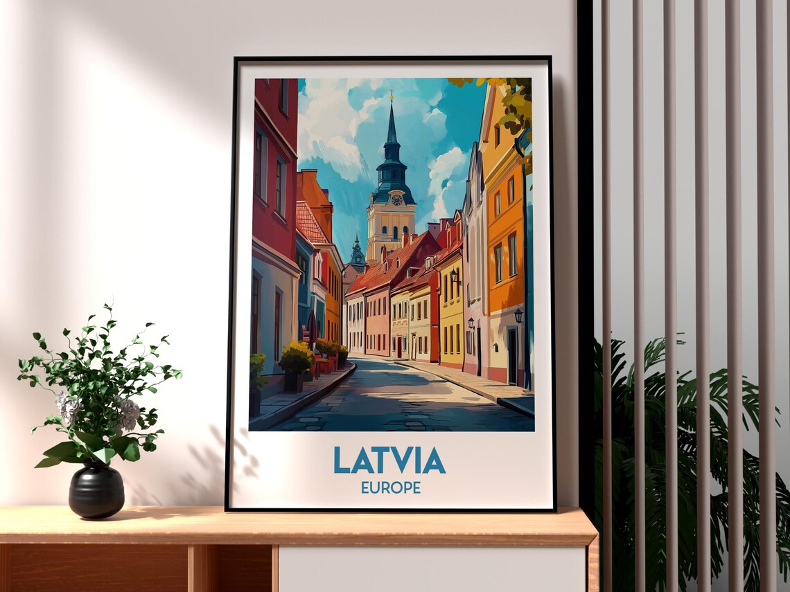 Riga Old Town Street Latvia Colorful Church Spire Travel Poster
