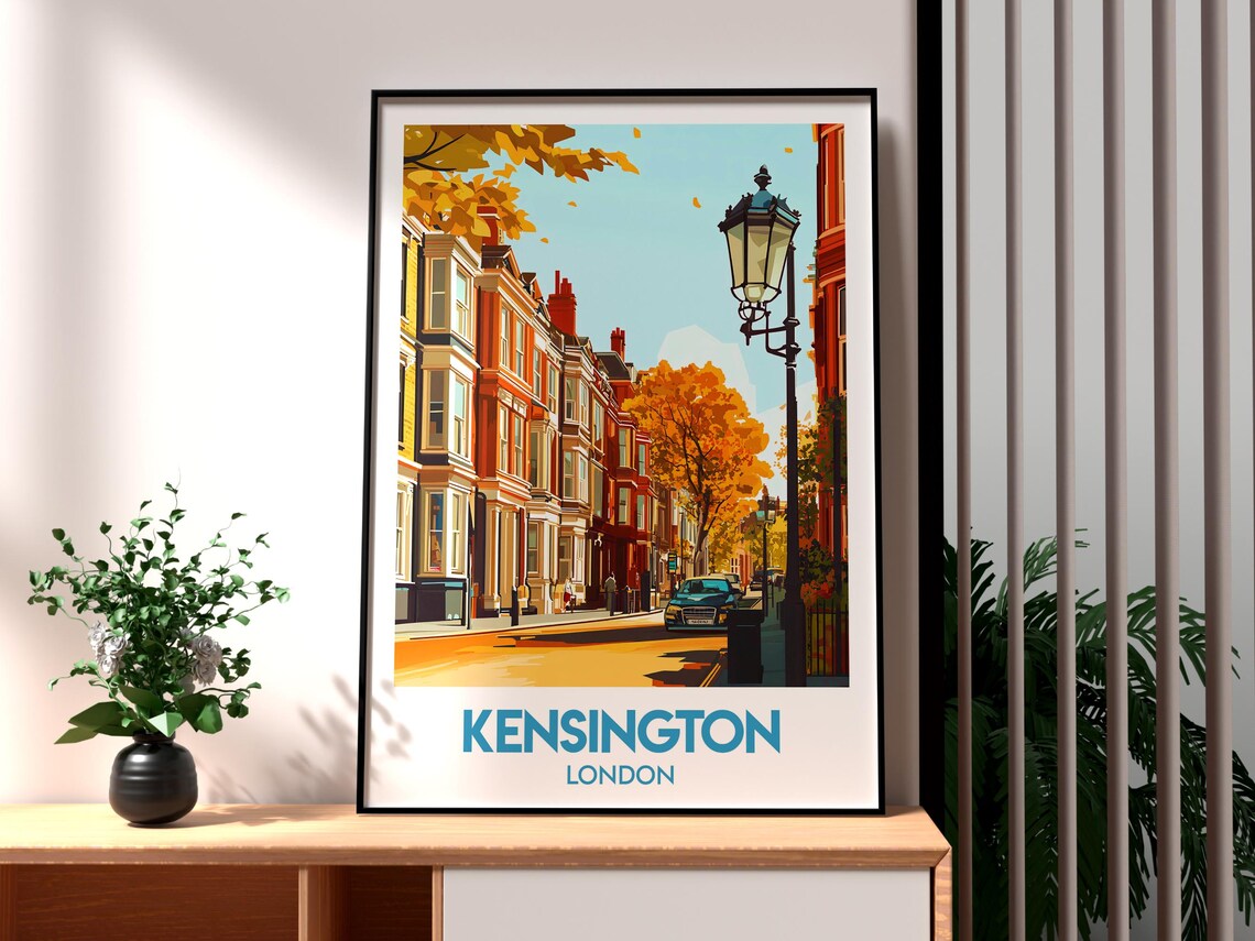 Kensington London Autumn Townhouses Street Vintage Travel Poster