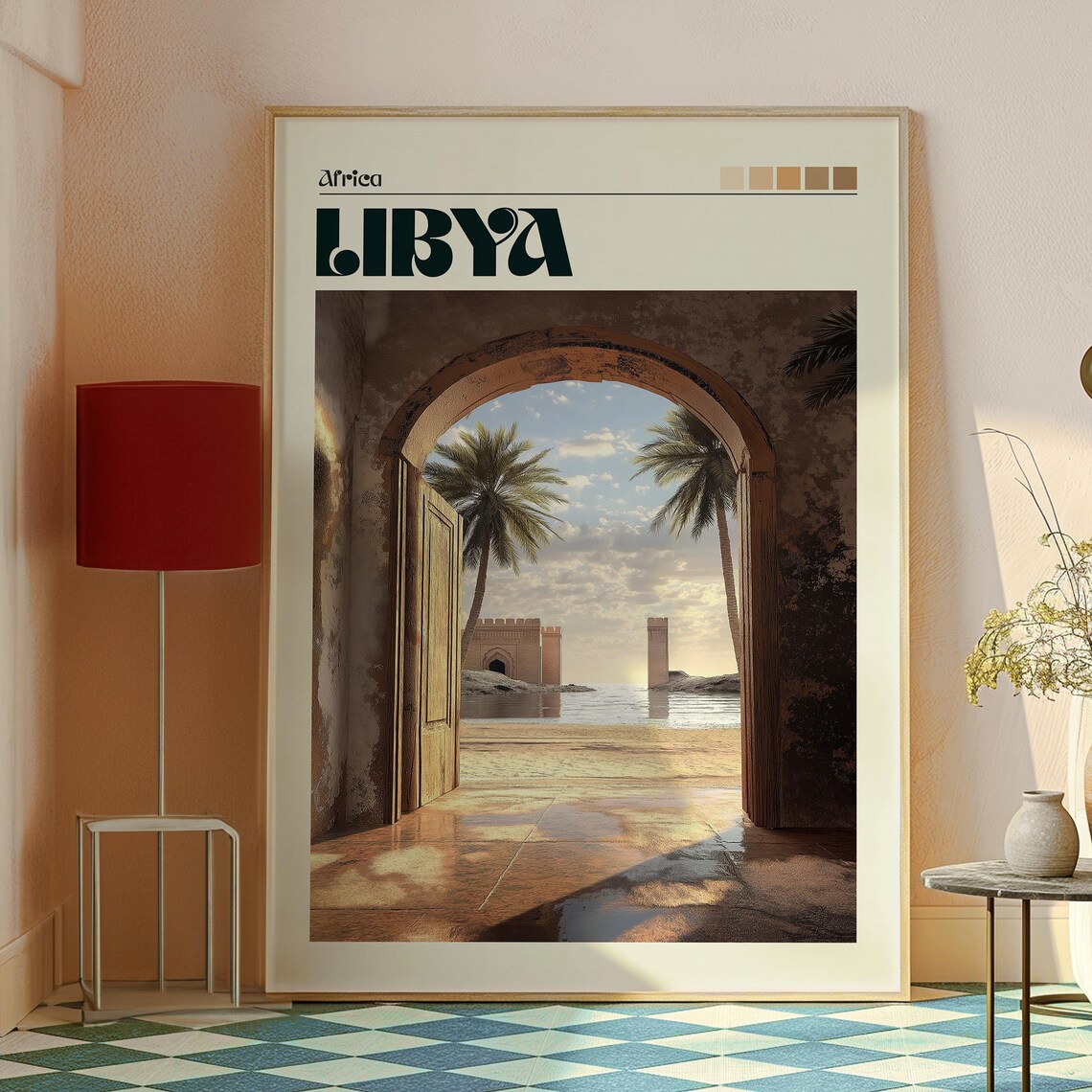 Libya Africa Ancient Archway Palm Beach Coastal Sunset Travel Poster - Image 2