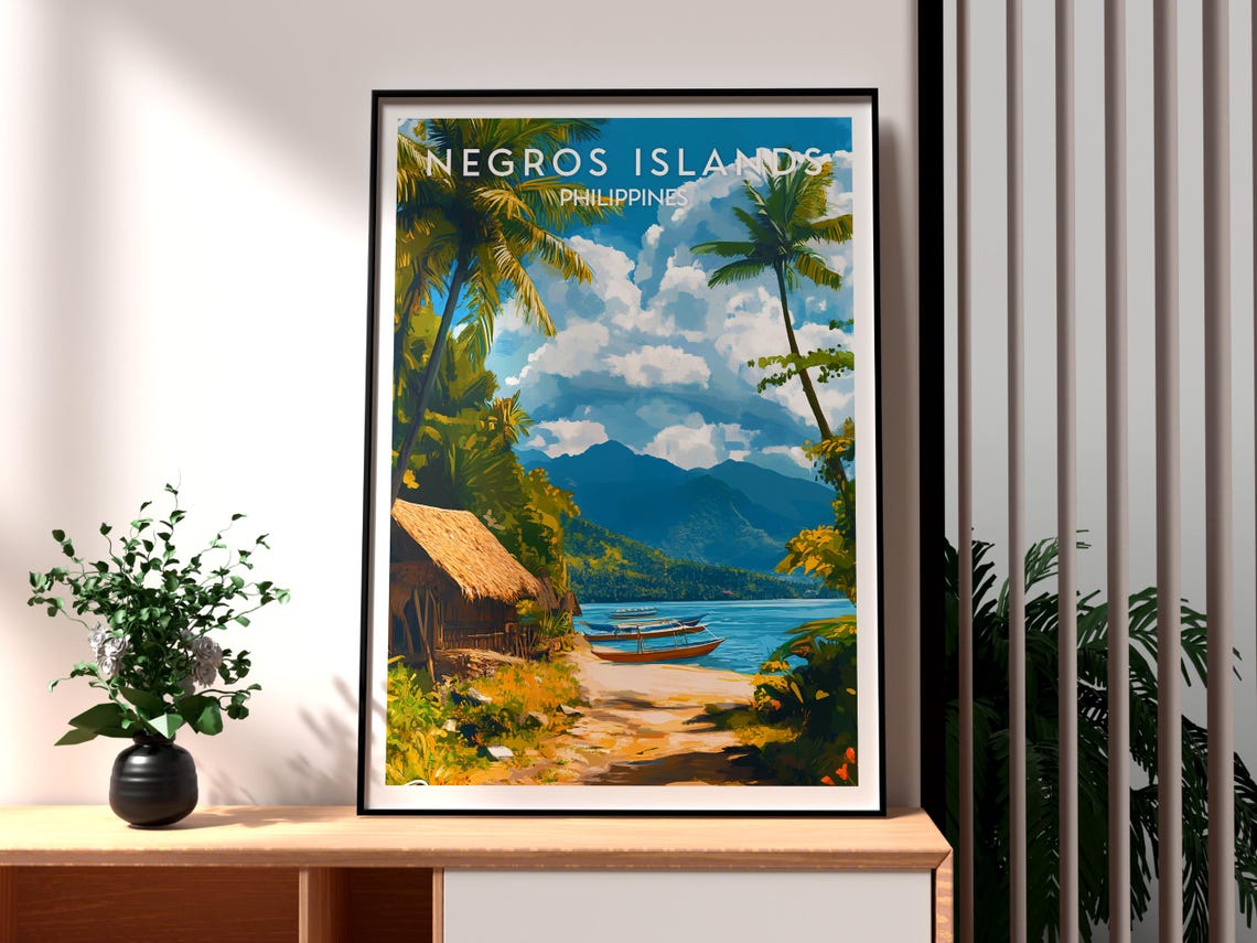 Negros Islands Philippines Tropical Beach Boats Thatched Hut Poster
