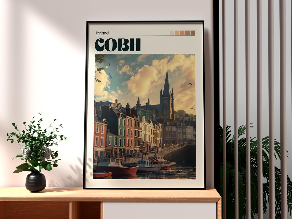 Cobh Ireland Colorful Harbor Houses Cathedral Spire Golden Hour Poster