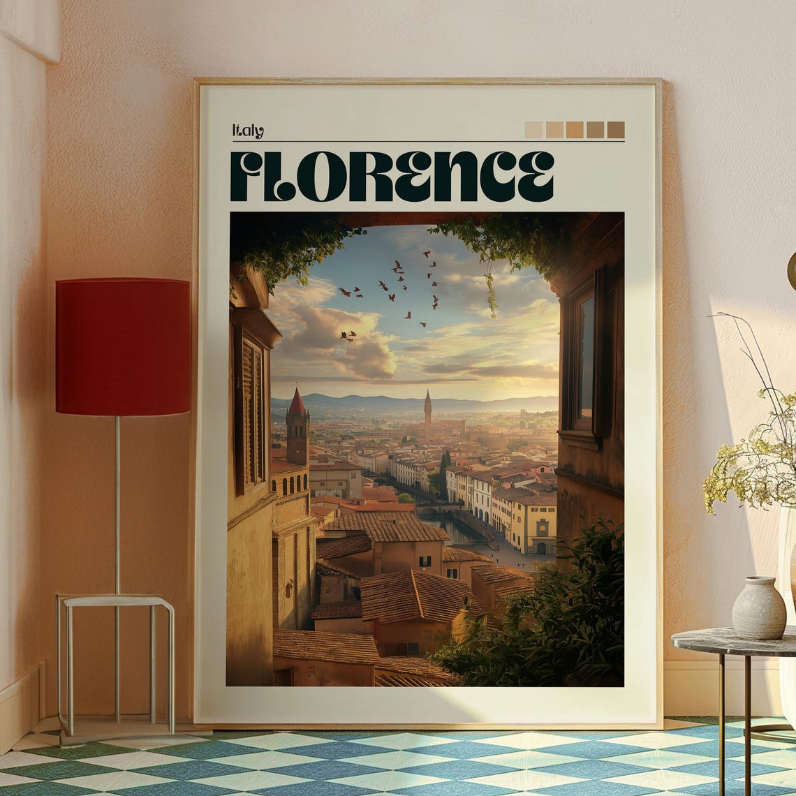 Florence Italy Sunset Cityscape Towers Domes Arched View Poster - Image 2