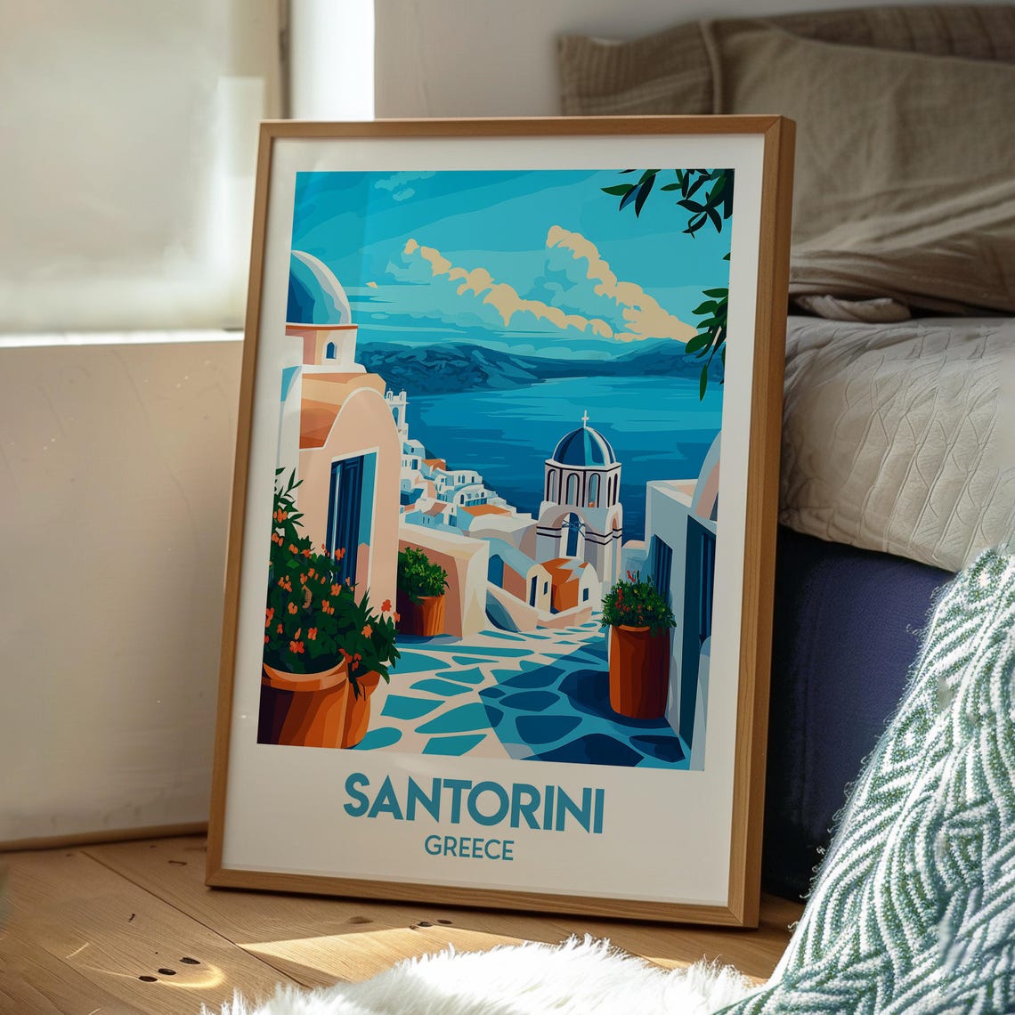 Santorini Greece White Village Blue Domes Caldera Travel Poster
