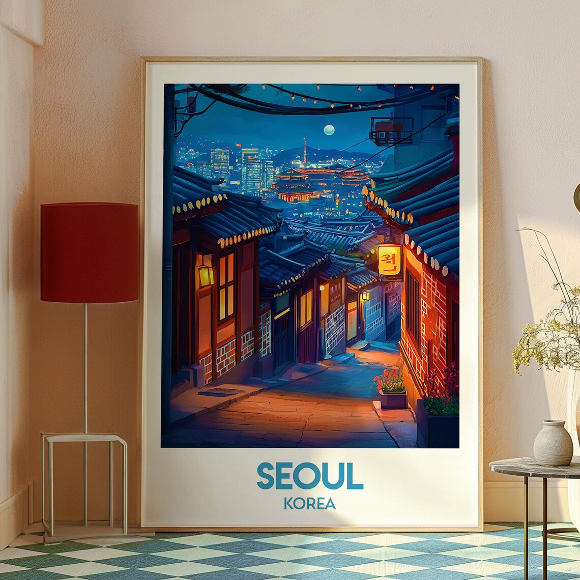 Seoul Korea Night Hanok Alley Lantern City Lights Travel Poster - Image 2