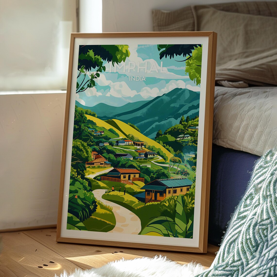 Imphal India Green Hills Village Houses Winding Road Travel Poster - Image 3