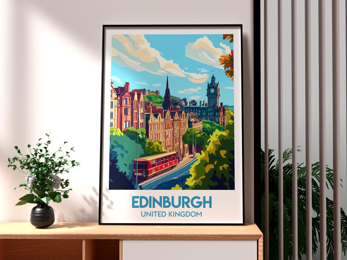Edinburgh Scotland UK Castle Old Town Bus Historic Travel Poster