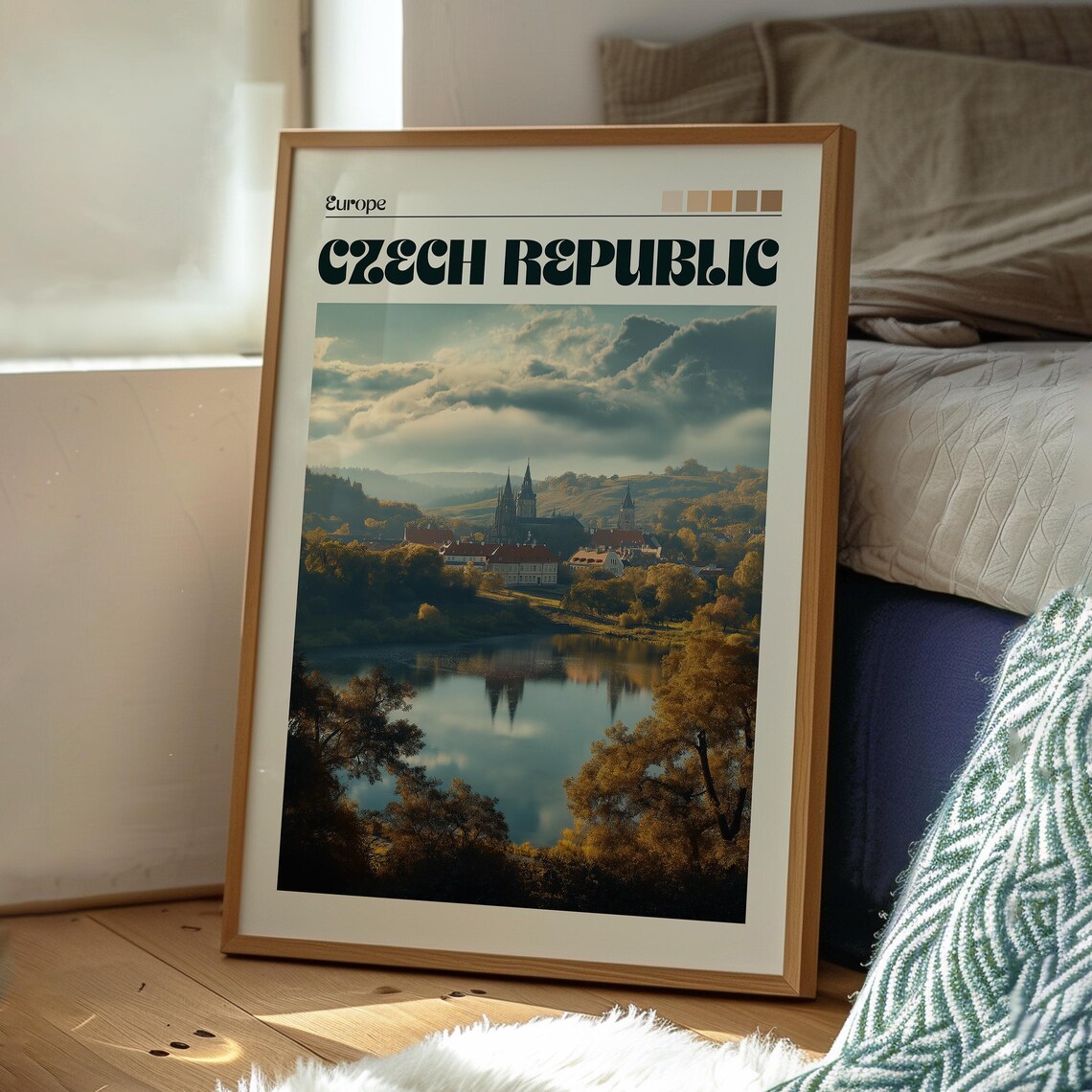 Czech Republic Europe Autumn River Town Church Spires Travel Poster - Image 3