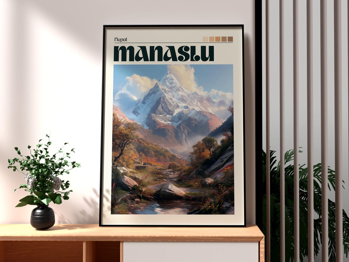 Manaslu Nepal Himalayan Snow Peak Mountain Trek Valley Autumn Poster