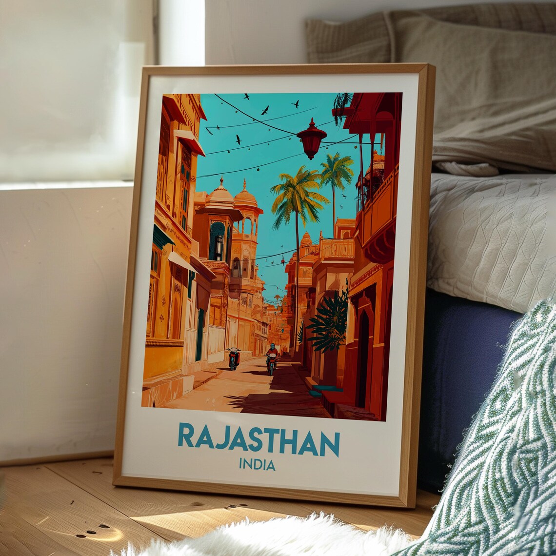 Rajasthan India Palace Street Palms Motorbike Vibrant Art Poster - Image 3