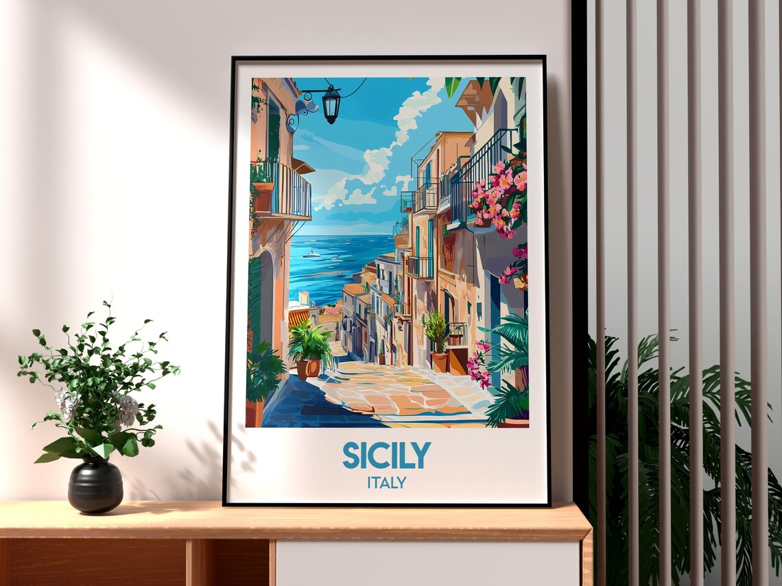 Sicily Italy Sunny Coastal Old Town Street Sea View Travel Poster