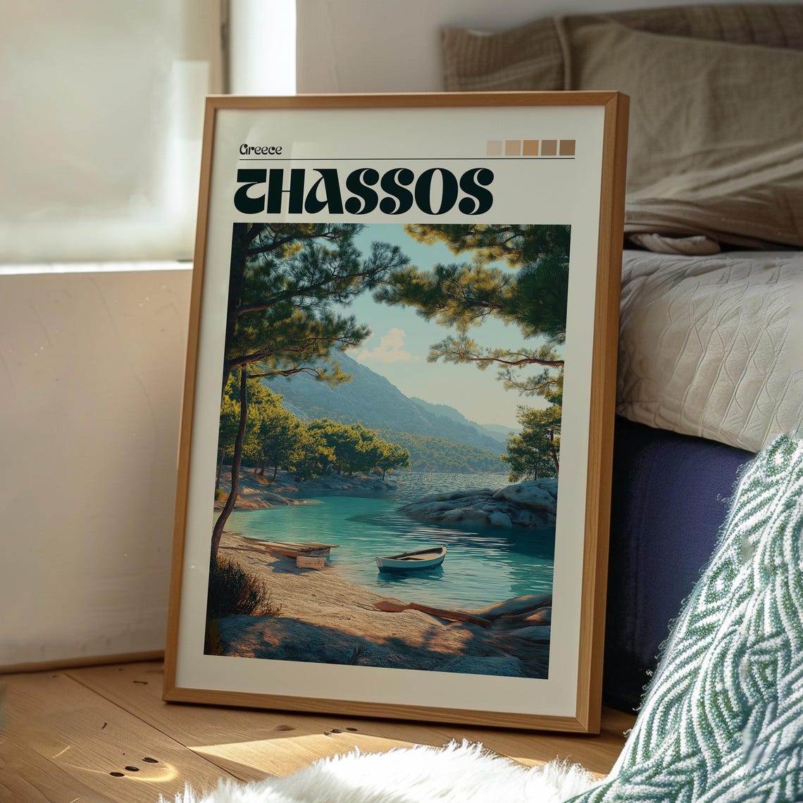 Thassos Greece Pine Cove Turquoise Sea Boat Retro Travel Poster - Image 3