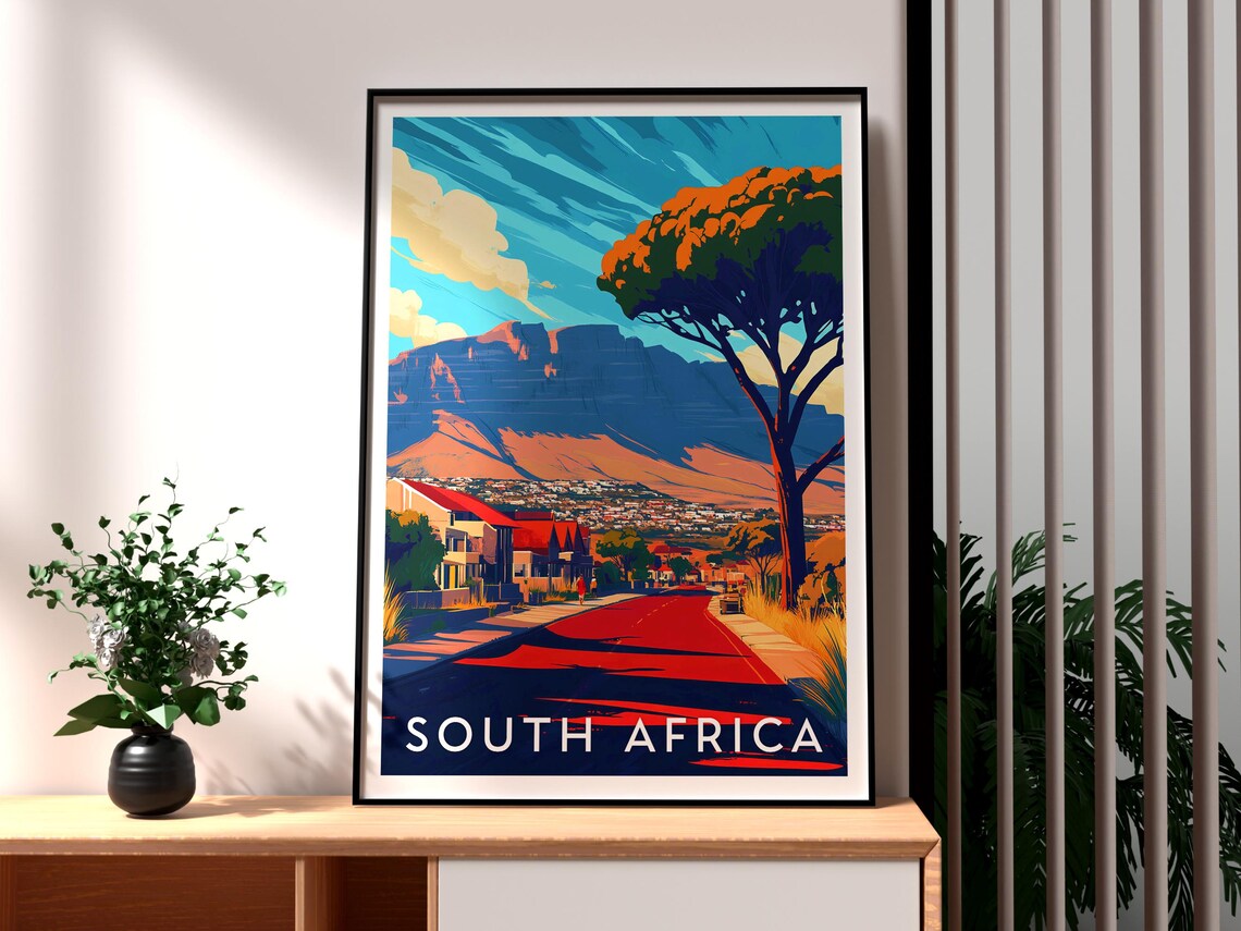 South Africa Table Mountain Cape Town Street Sunset Travel Poster