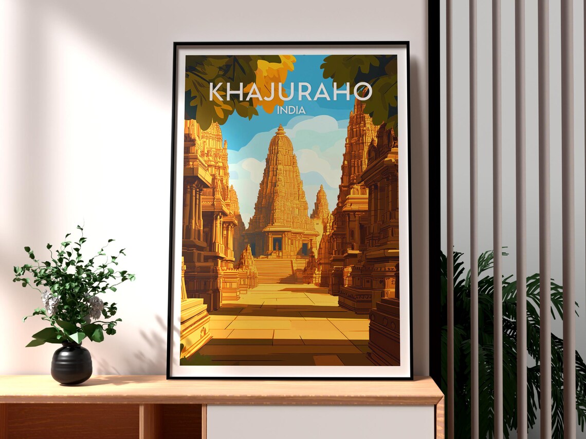 Khajuraho India Golden Temple Carved Spires Heritage Travel Poster