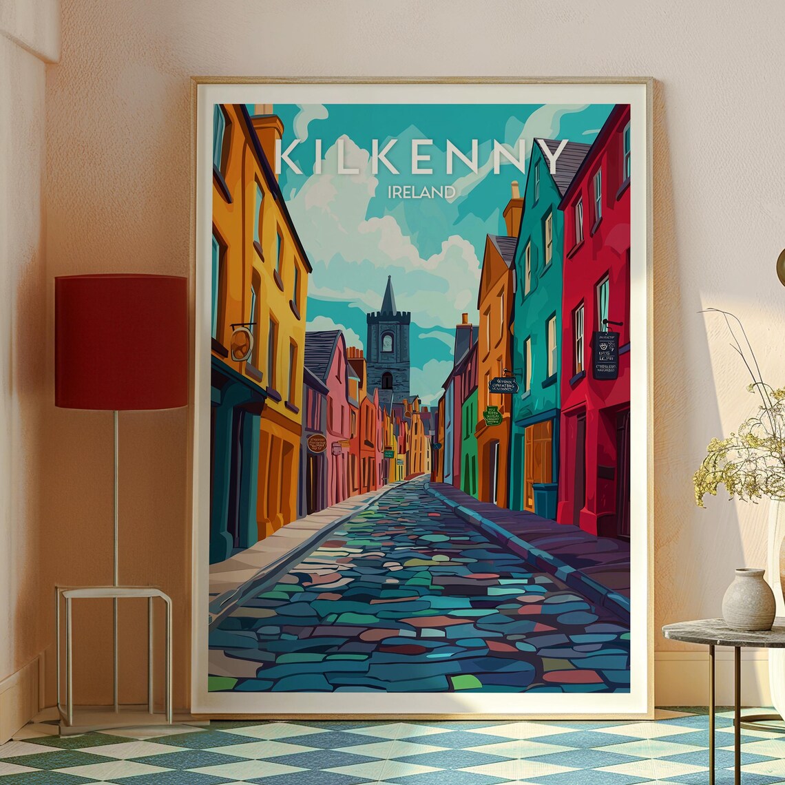 Kilkenny Ireland Colorful Cobblestone Street Church Tower Poster - Image 2