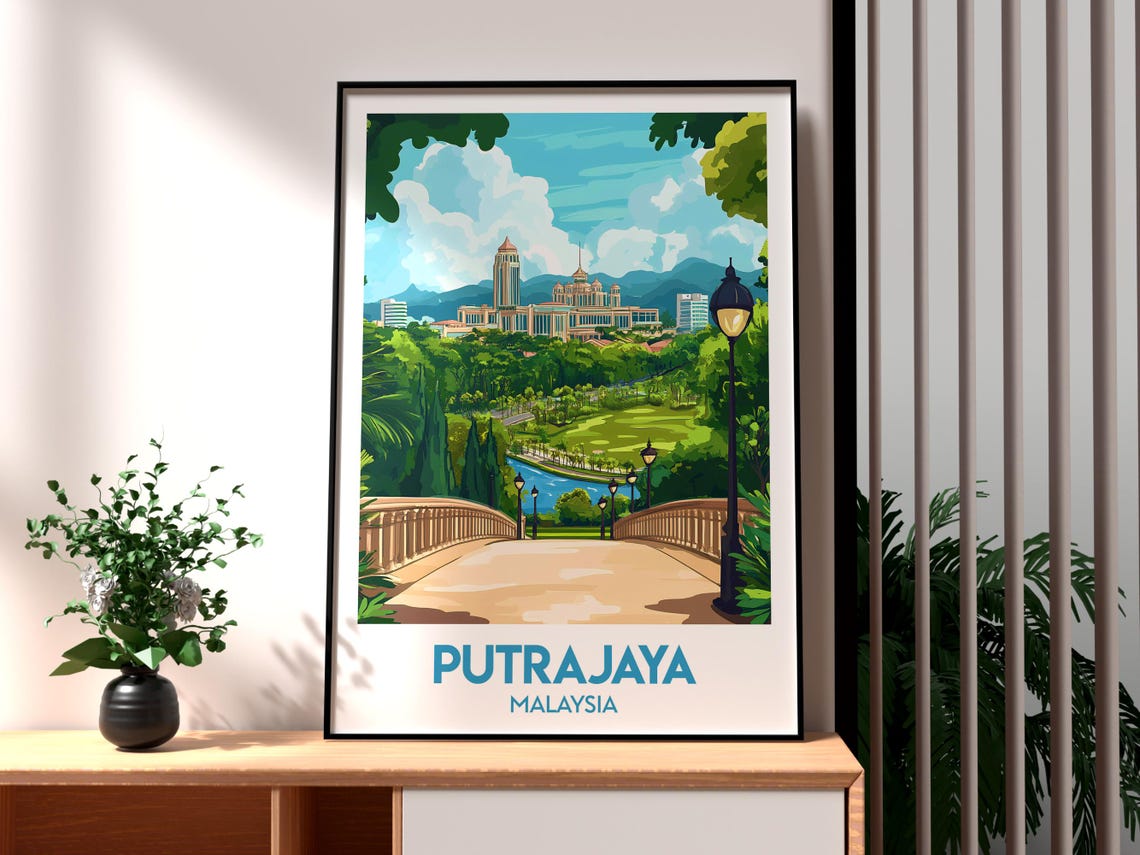 Putrajaya Malaysia Lakeside Mosque Bridge Retro Travel Poster