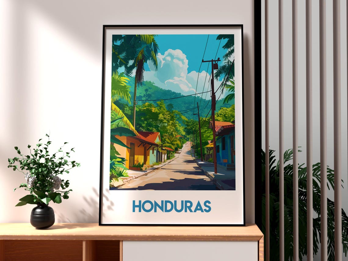 Honduras Central America Tropical Village Street Palms Poster