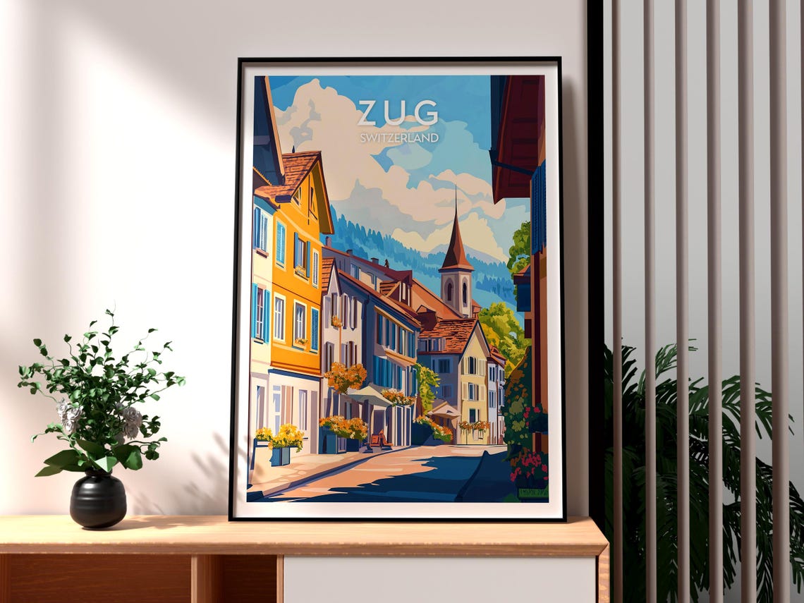 Zug Switzerland Old Town Street Church Steeple Mountains Art Poster