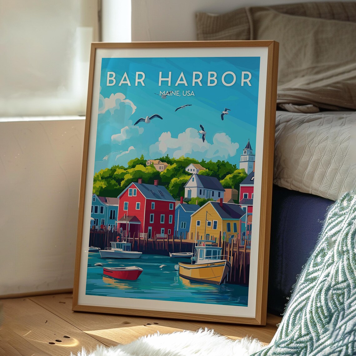 Bar Harbor Maine USA Seagulls Over Harbor Vintage Travel Poster - Image 3