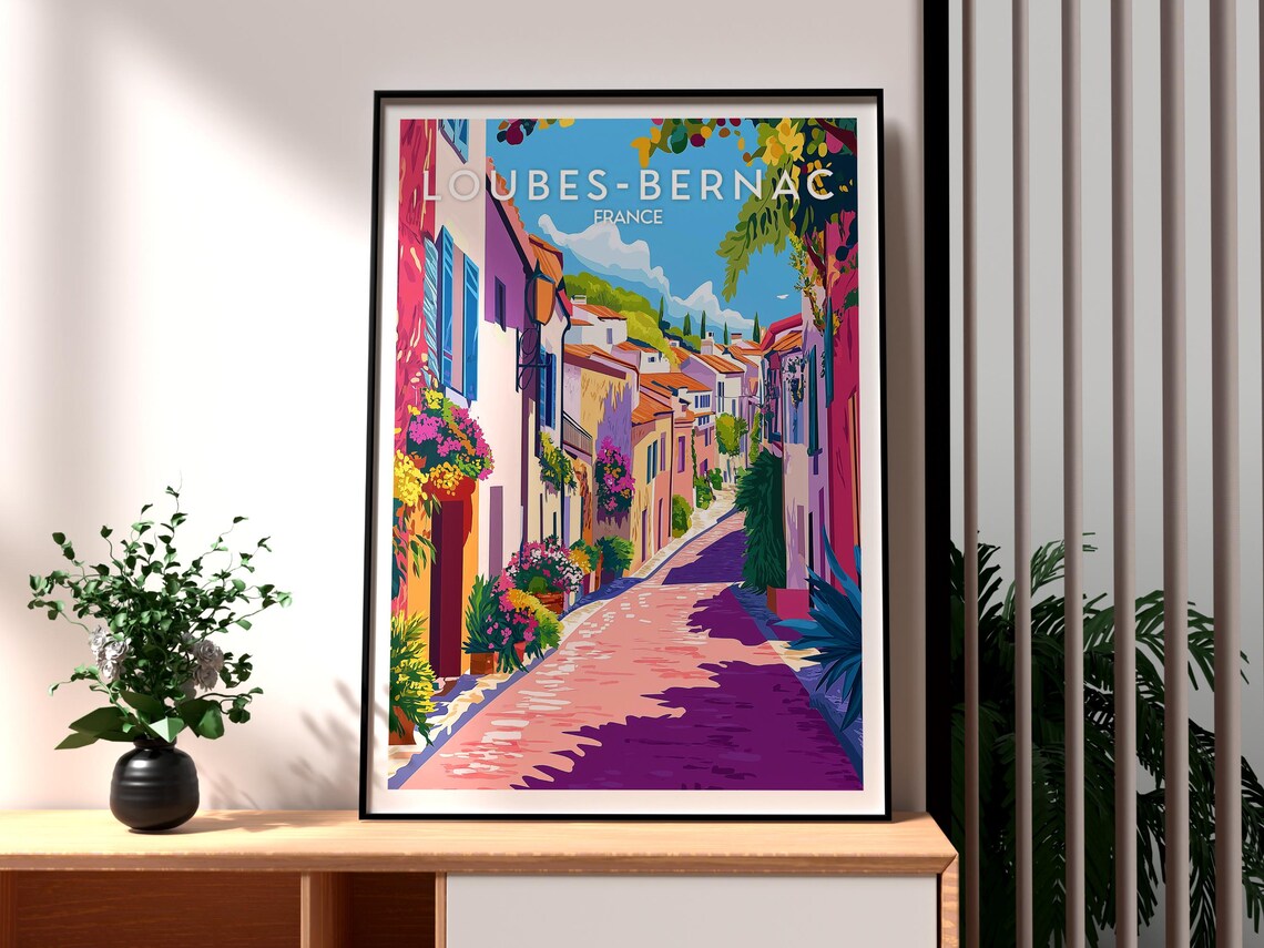 Vintage Loubes-Bernac France Flower Street Old Town Travel Poster