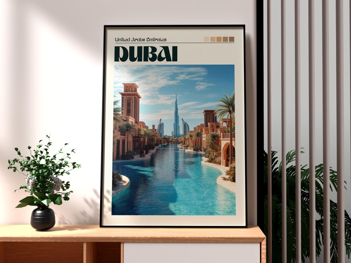 Dubai UAE Waterfront Canal Burj Khalifa Skyline Travel Poster