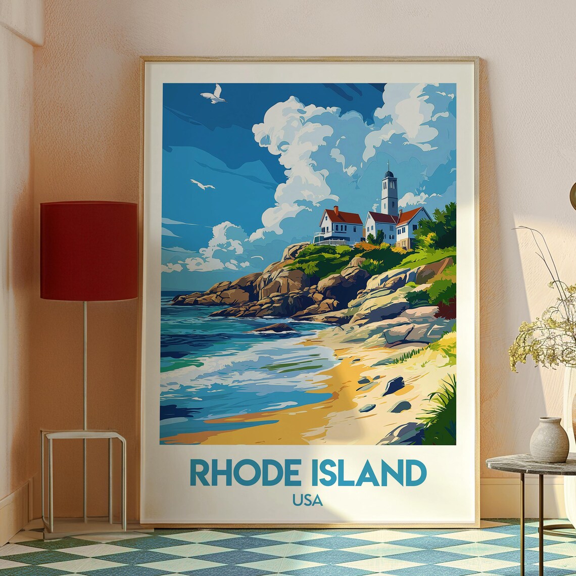 Rhode Island USA Lighthouse Rocky Coast Beach Scene Travel Poster - Image 2