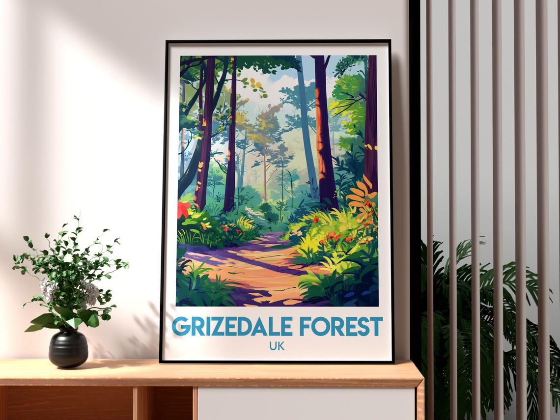 Grizedale Forest UK Lush Vibrant Woodland Path Illustration Poster