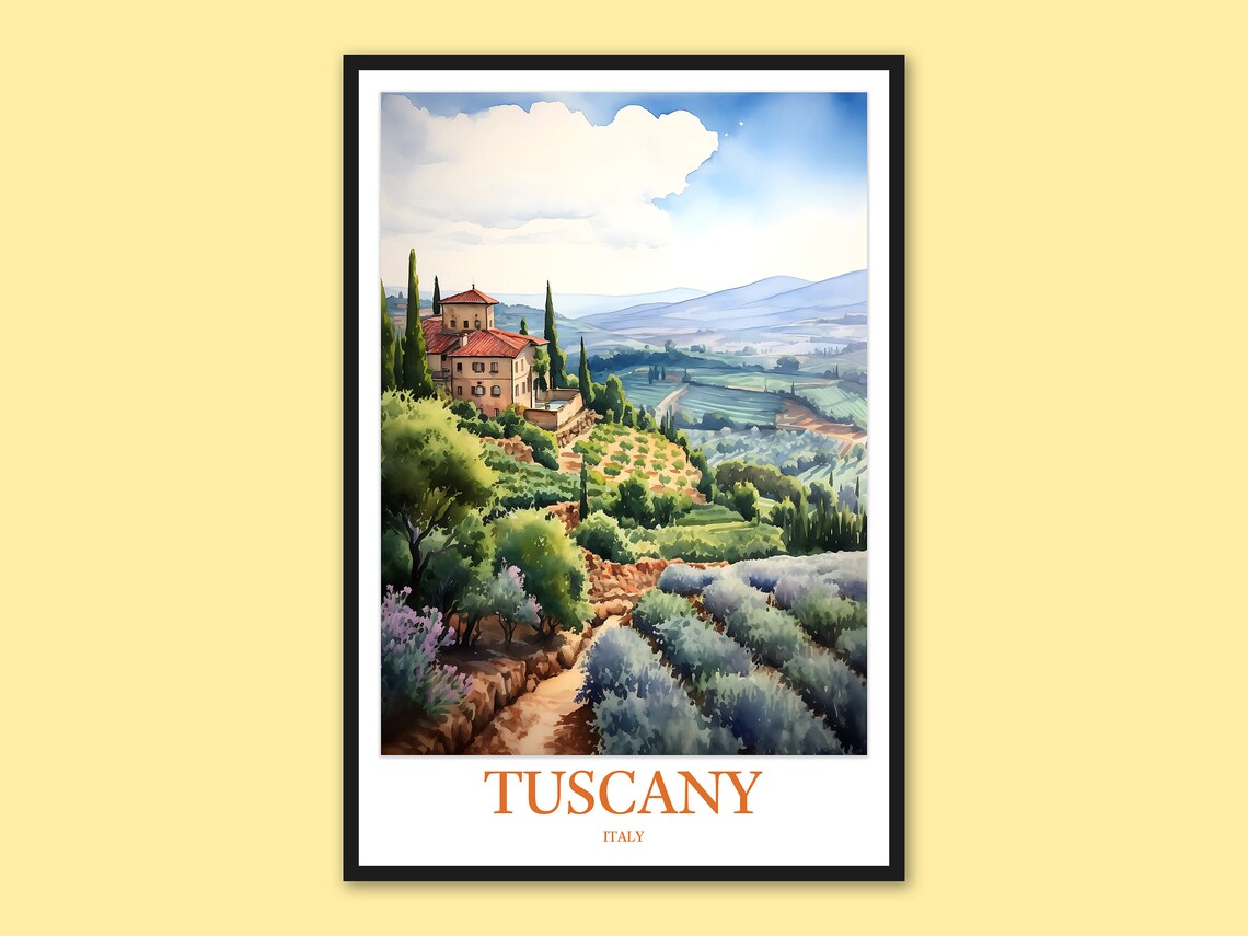 Tuscany Italy Hillside Villa Lavender Field Watercolor Poster