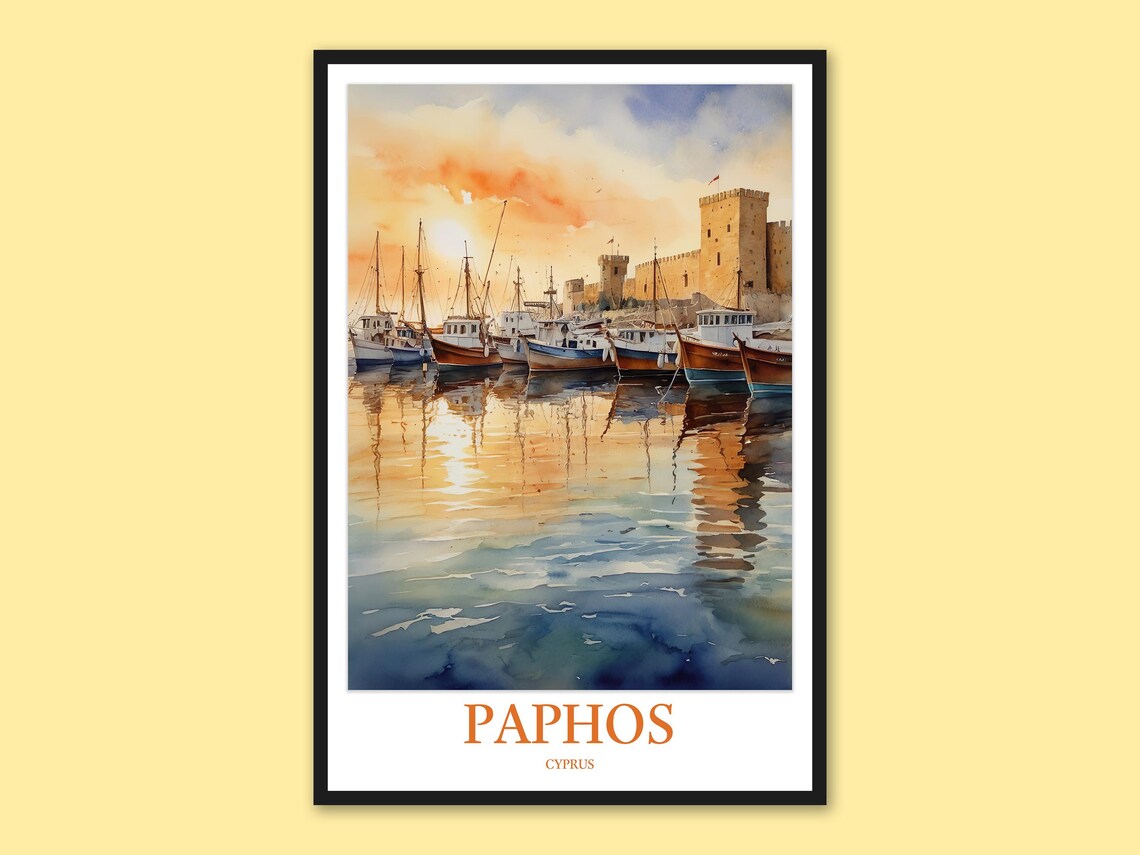Paphos Cyprus Fishing Boats Sunrise Castle Watercolor Poster