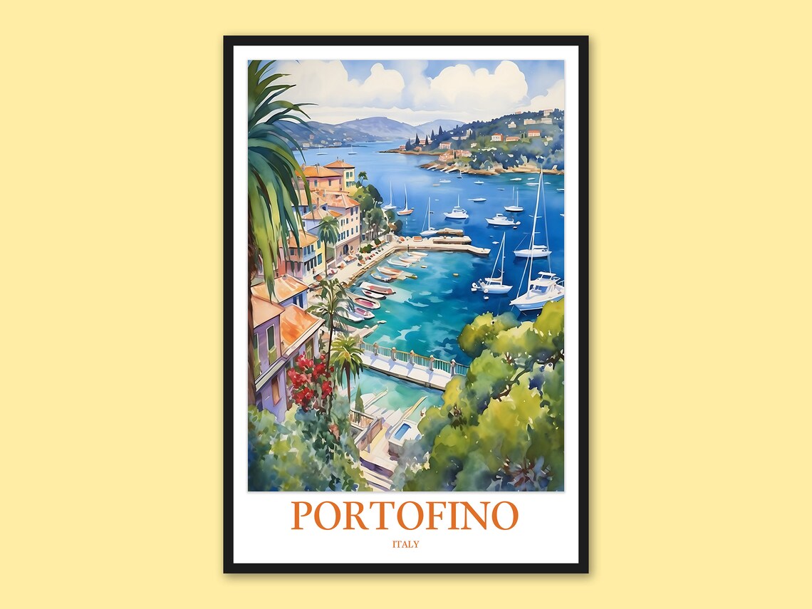 Portofino Italy Bay Panorama Watercolor Poster with Sailboats