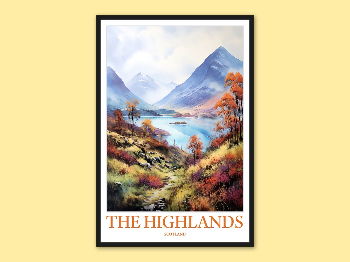 Scottish Highlands Vivid Autumn Valley Loch Watercolor Travel Poster
