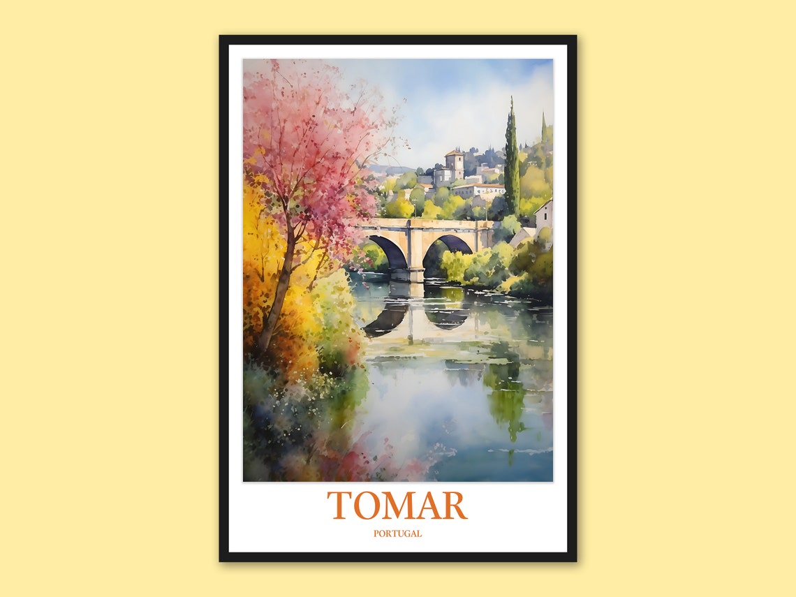 Tomar Portugal Riverside Bridge With Golden Autumn Travel Poster