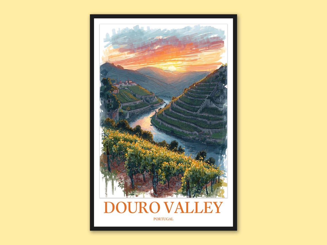 Douro Valley Portugal Sunset Vineyard Terraces Over River Poster