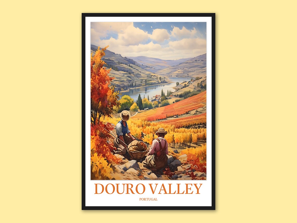 Douro Valley Portugal Autumn Grape Harvest Watercolor Travel Poster