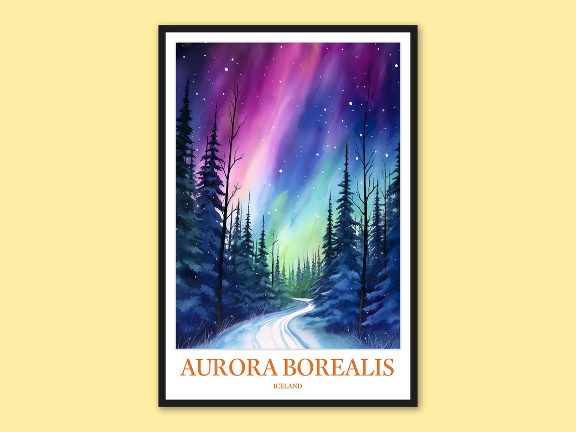 Aurora Borealis Iceland Snowy Forest Road Night Travel Poster