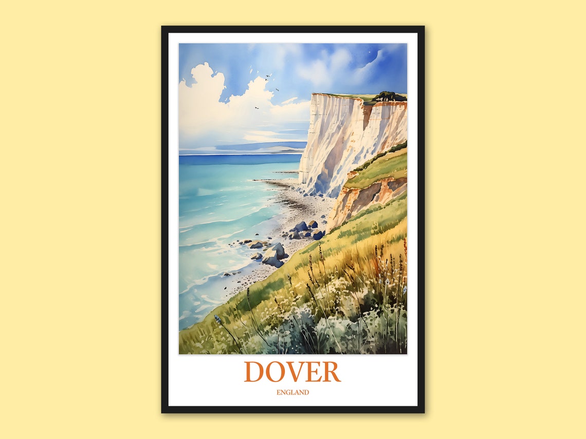 Dover White Cliffs Turquoise Sea Daytime Watercolor England Poster