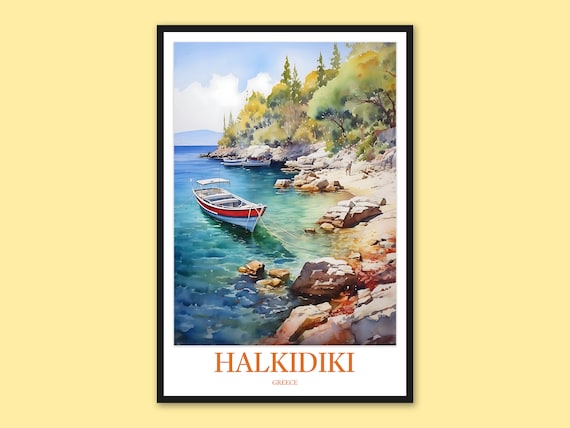 Halkidiki Greece Fishing Boat Turquoise Cove Watercolor Poster