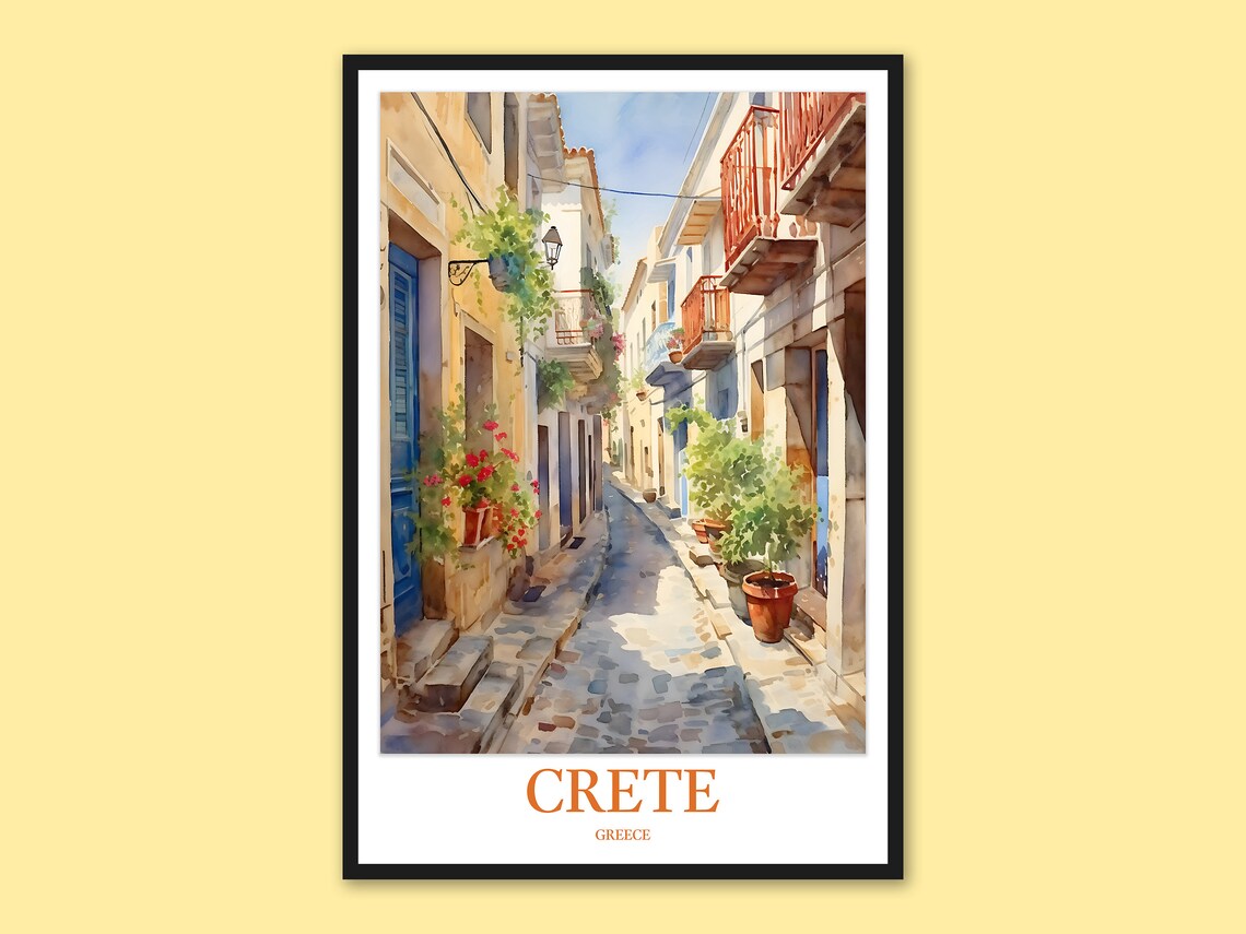 Crete Greece Old Town Cobblestone Street Watercolor Travel Poster