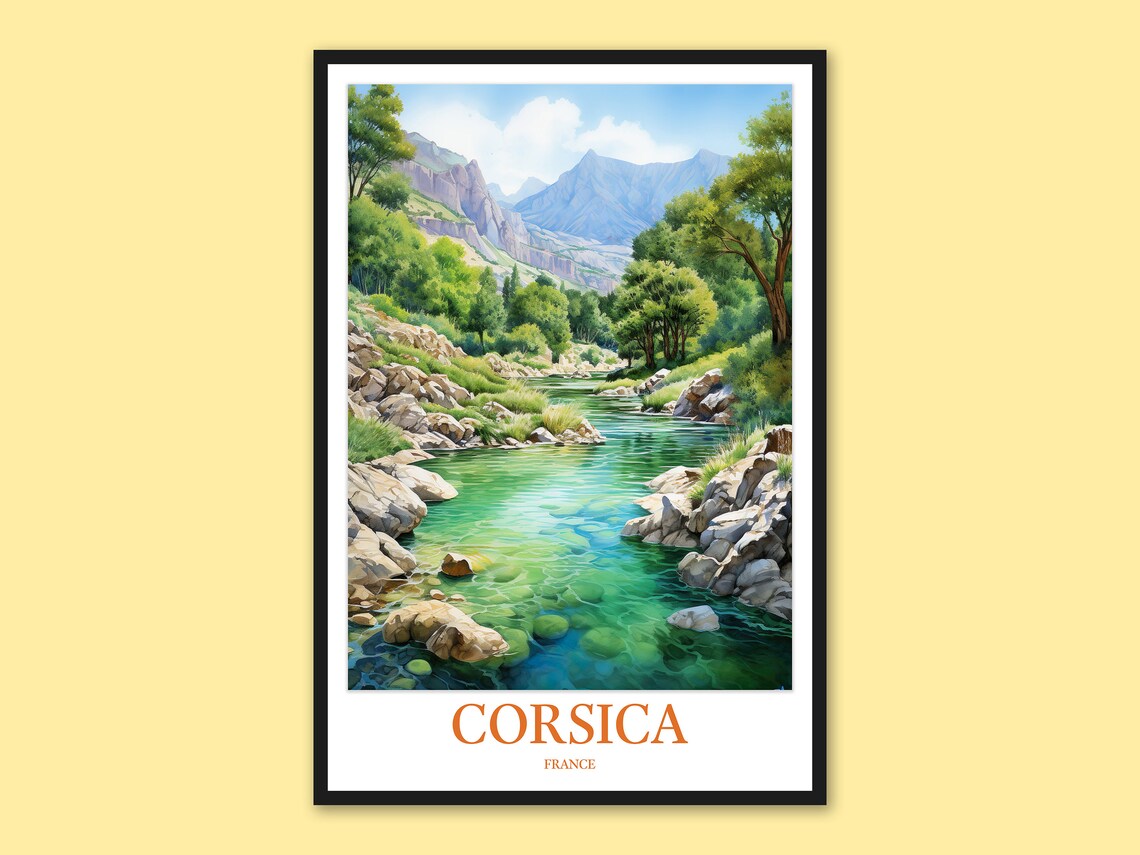 Corsica France Emerald River Gorge Mountain Watercolor Travel Poster